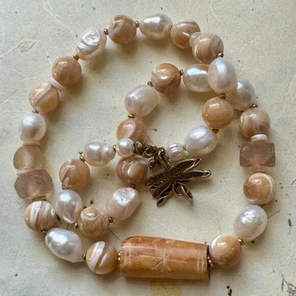 Statement  Necklace: Handmade :Pearls, Snail Shell beads, Sea glass - Picture 2 of 6